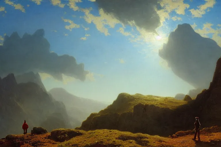 Image similar to a traveler wandering trough the mountains looking at the clouds, very detailed, focused, oil painting, cinematic lighting, albert bierstadt, trending on artstation, colorful, canvas, sunset, hans dahl, theodor kittelsen, hermann hendrich, national geographic, Konstantin Yakovlevich Kryzhitsky