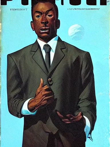 Image similar to pulp magazine cover of a black man in a suit smoking, dynamic lighting, volumetric lighting, mysterious highly detailed, smooth, digital painting, symmetrical, art by vincent di fate, kehinde wiley, artem demura