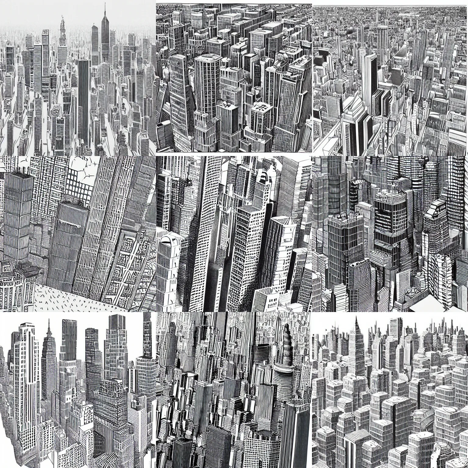 Prompt: ink illustration of an infinite cityscape. incredibly tall buildings, hyper - detailed, by daisuke tajima