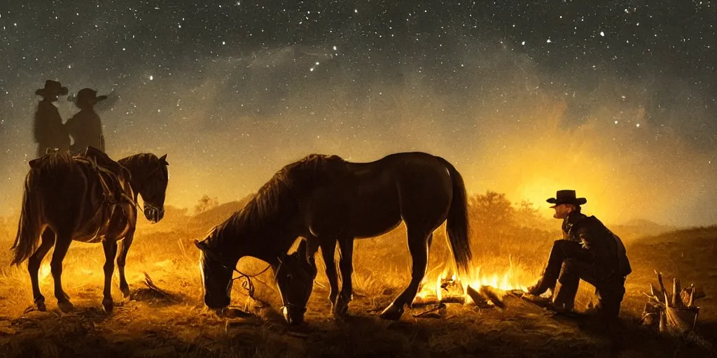 Prompt: in the old west, at a campfire at night, close up portrait of one sleeping bandit scoot mcnairy ( ( alone ) ) and wide shot of one thomas brodie - sangster ( ( alone ) ) propped against a rock, watches the stars and his horse grazes, in the style of a cinematic oil painting, warm color palate, astral