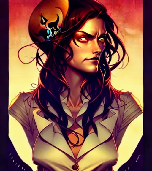 Image similar to artgerm, joshua middleton comic cover art, pretty pirate phoebe tonkin smiling, full body, symmetrical eyes, symmetrical face, long curly black hair, on a pirate ship background, warm colors