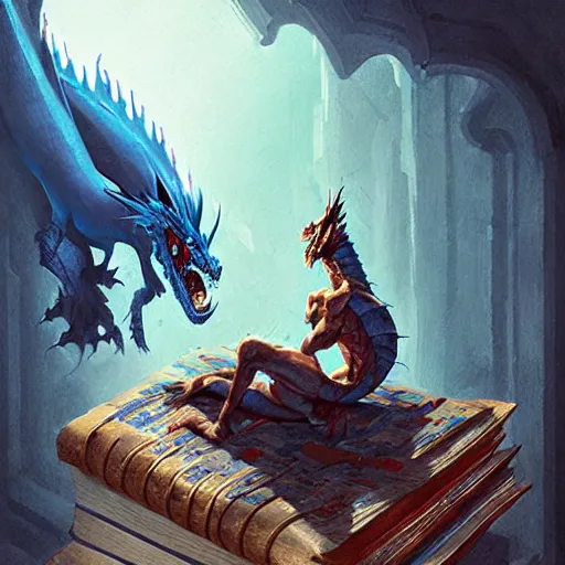 Image similar to blue dragon sitting on a hoard of books, fantasy, dnd, art by greg rutkowski