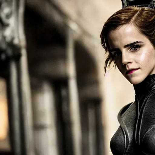 Image similar to Emma Watson as Catwoman, XF IQ4, f/1.4, ISO 200, 1/160s, UHD, microdetails, Sense of Depth, AI enhanced, HDR, in-frame