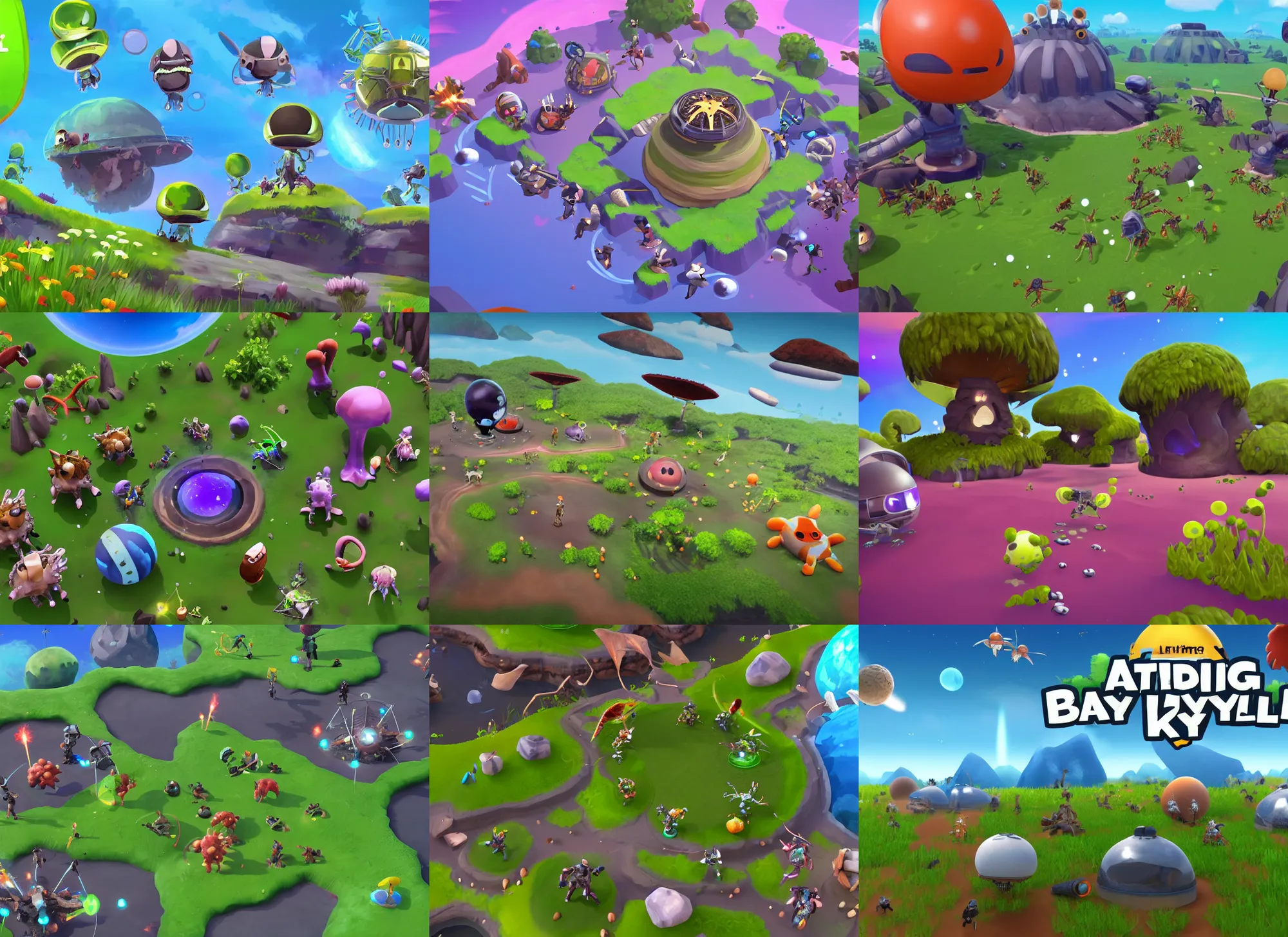 Prompt: a landing scene for mobile battle royale game about alien cute little animals that land on a planet with different biomes, craters, alien capsules, bushes in the visual style of Spore and Eternal Cylinder, start of the match, full team, 3rd person view, medium shot