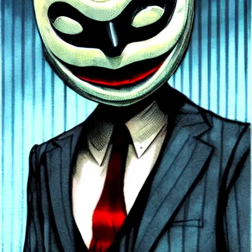 Prompt: a full shot of businessman wearing a creepy noh mask and pinstripe suit looming, character concept art by tim bradstreet