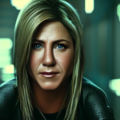 Image similar to jennifer aniston portrait, Cyberpunk 2077, photorealistic, ultra detailed, cybernetic eye, neon, octane, bokeh, 8k