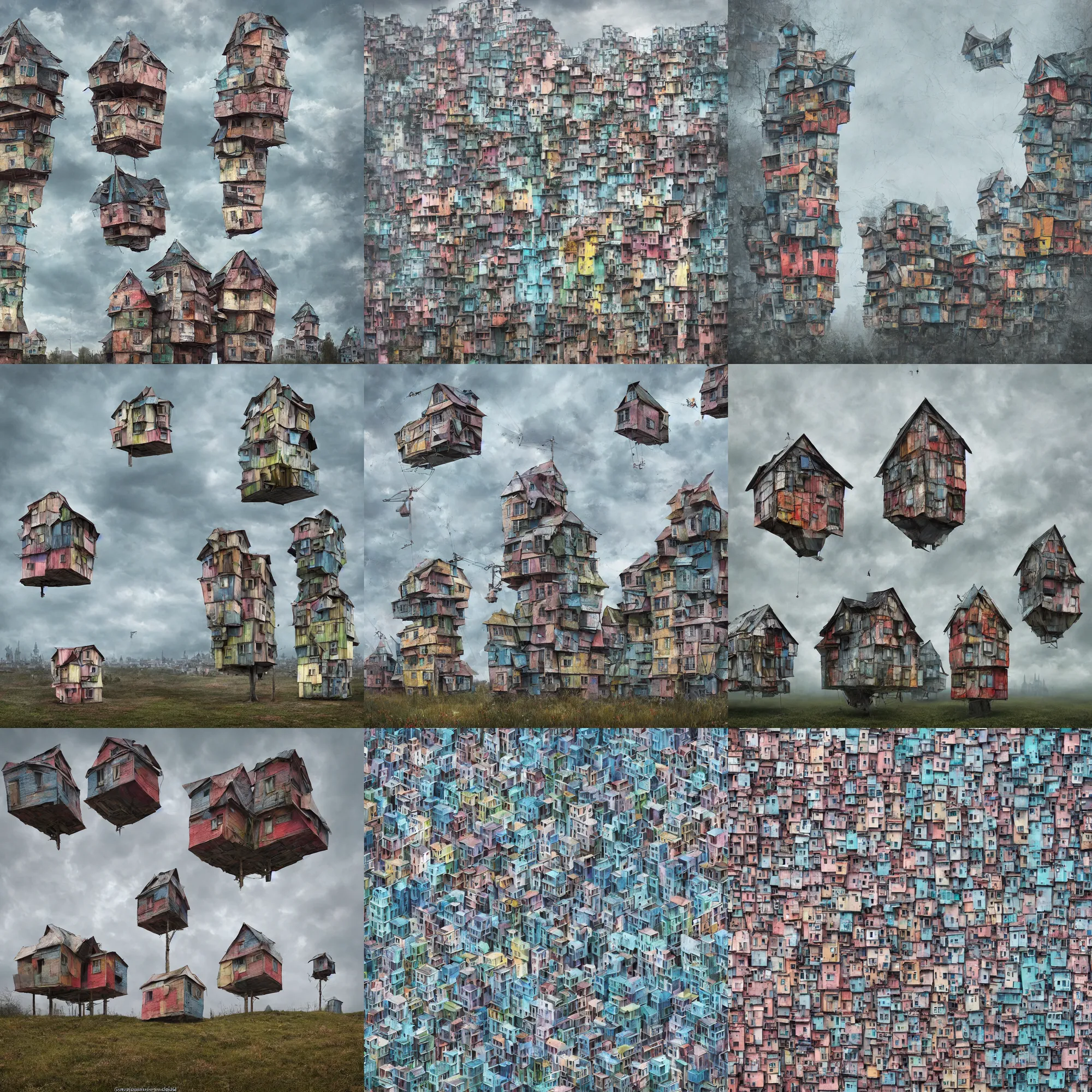 Prompt: gediminas pranckevicius close - up view of two symmetrical suspended towers made up of colourful makeshift squatter shacks, faded colours, uniform off - white sky, dystopia, hasselblad x 1 d, very detailed, photographed by cristina de middel gediminas pranckevicius