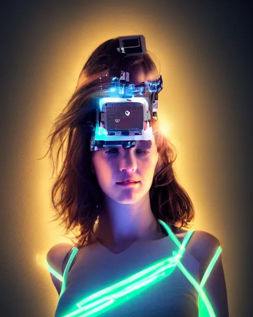 Image similar to photo of dreamy female as a solarpunk cyborg with fluorescent lamps around face, robotic body parts around neck and shoulders, real human face with clean skin, ultra - realistic and detailed, long exposure, soft focus hdr 8 k