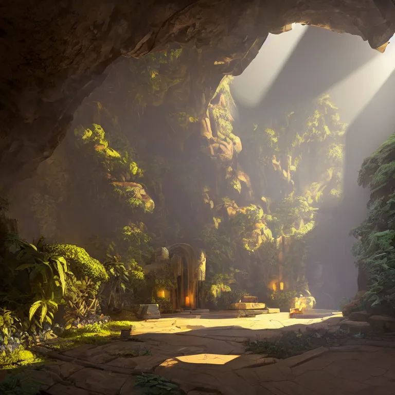 Image similar to arc hallway for secret overwatch living quarters carved inside a cave surrounding a lush garden, trimmed, magical, natural light, clean lines, cozy, fantasy, minimalist architecture, sharp focus, concept art, by greg rutkowski and craig mullins,, octane render 8 k