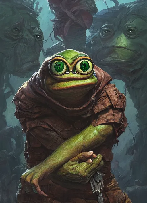 Prompt: Portrait of Pepe The Frog, marvel comics, dark, intricate, highly detailed, smooth, artstation, digital illustration by Ruan Jia and Mandy Jurgens and Artgerm and Wayne Barlowe and Greg Rutkowski and Frank Frazetta