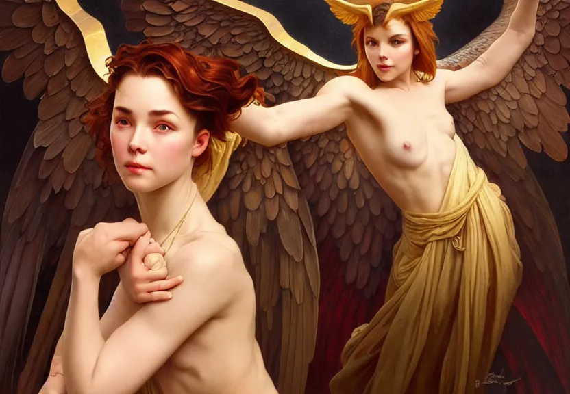 Prompt: pwerful angle demon afraid of an angel painting, good vs evil, highly detailed, digital painting, smooth, beautiful angle, weak demon, sharp focus, illstration, ultra realistic, dmon vs angle, heaven vs hell, 8 k, strong and powerful confident angle art by artgerm and greg rutkowski and alphonse mucha