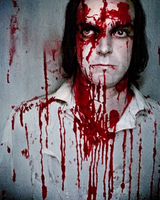 Image similar to an instant photo of a handsome but sinister ghost of a man in layers of fear, with violence in his eyes, 1 9 7 0 s, seventies, woodlands, delicate embellishments, a little blood, crimson, painterly, offset printing technique, by mary jane ansell