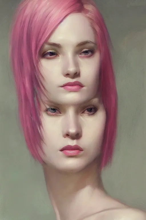 Image similar to “Portrait of a pale skin female with short pink hair, elegant, photorealistic, highly detailed, artstation, smooth, sharp focus, gold, neon lighting, sci-fi, art by Klimt.”