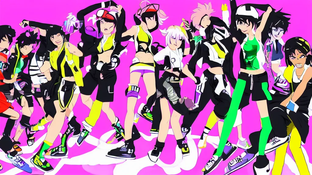 Image similar to jet set radio style anime, with diverse female characters on skates, set in colourful future city