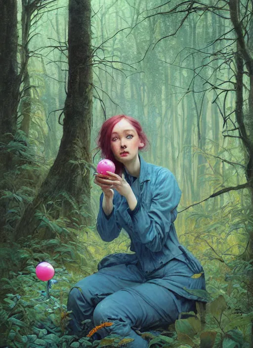 Image similar to bubblegum in the woods by a stream, river gorgeous lighting, lush forest foliage blue sky a hyper realistic painting by chiara bautista and beksinski and norman rockwell and greg rutkowski, tom bagshaw weta studio, and lucasfilm