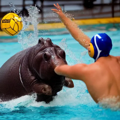 Prompt: a water polo player riding a hippopotamus. photograph.
