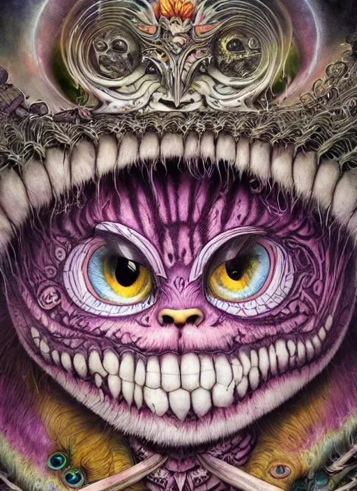 Image similar to cheshire cat, polynesian god, half skull half face, highly detailed, cinematic, 8 k, by megan duncanson, benjamin lacombe, adrian borda, stanley artgermm, tom bagshaw, craig mullins, carne griffiths, ayami kojima, beksinski, giger, trending on deviantart, hyper detailed, horror, full of colour