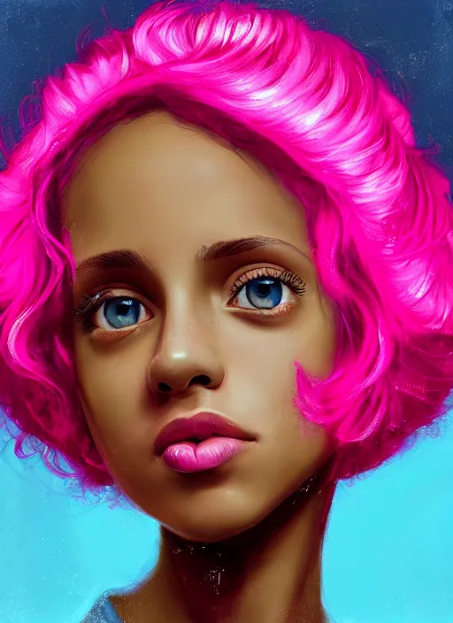 Image similar to portrait of teenage vanessa morgan with bright pink hair, black girl, curly pixie cut hair, wearing newsboy cap, pink short haircut, newsboy cap, hoop earrings, blue eyes, intricate, elegant, glowing lights, highly detailed, digital painting, artstation, concept art, smooth, sharp focus, illustration, art by wlop, mars ravelo and greg rutkowski