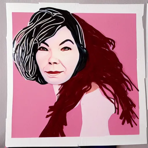 Prompt: Bjork portrait, comprised from small Bjork portraits.