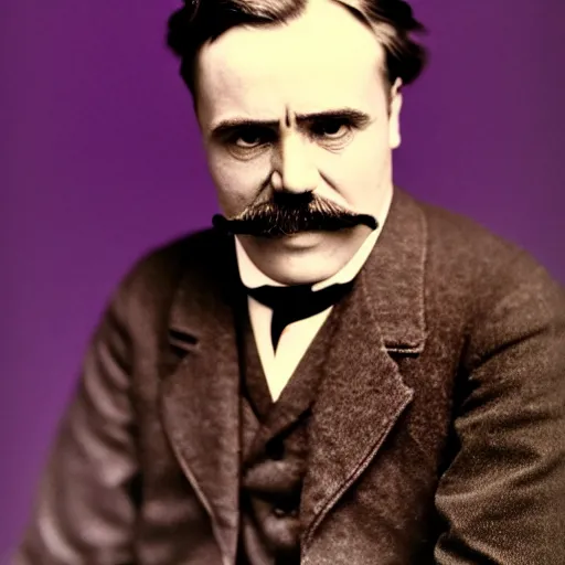 Image similar to friedrich nietzsche studio photography, purple background, smiling