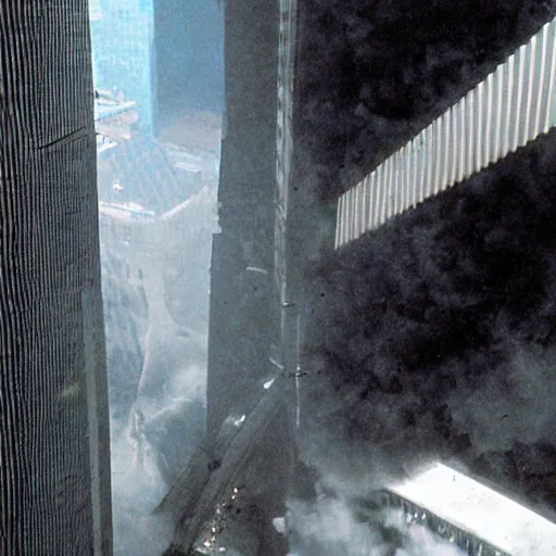 Image similar to view inside the world trade centre as the first plane struck the building, photo from the point of view of a person inside at the point of impact, photo, survivor, realistic, cinematic