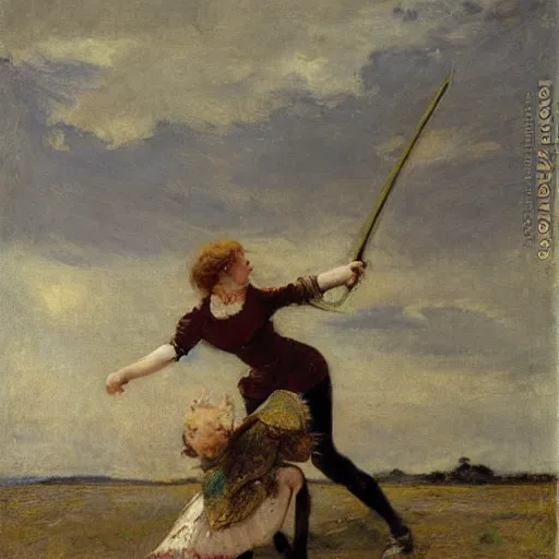 Image similar to a woman fighting a monster by alfred stevens