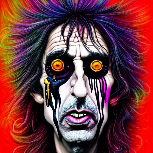 Prompt: An extremely psychedelic portrait of Alice Cooper, surreal, LSD, face, detailed, intricate, elegant, lithe, highly detailed, digital painting, artstation, concept art, smooth, sharp focus, illustration