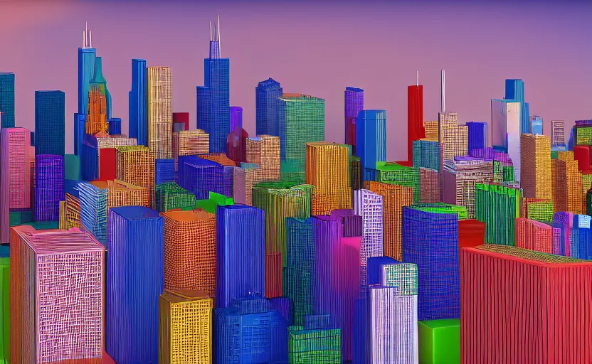 Image similar to chicago skyline but all buildings are made of colorful jello by anthony danielle and ray canlas jr, smooth surfaces, photorealistic, tilt shift, unreal engine render, octane render, 8 k
