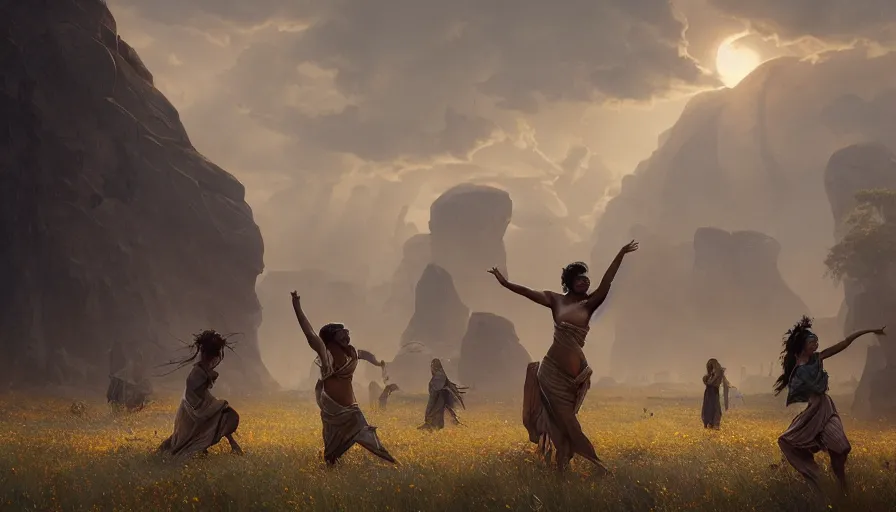 Image similar to girls dancing around a black monolith through the african savannah, artgerm and greg rutkowski and alphonse mucha, an epic fantasy, volumetric light, detailed, establishing shot, an epic fantasy, trending on art station, octane render, midsommar