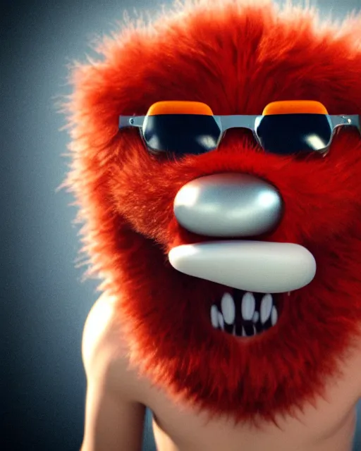 Prompt: 3 d render of completely red hairy friendly antropomorphic creature wearing chrome shades, without nose, small smile, full body, standing on 2 feet, in the style of pixar, white background, unreal engine 5, octane render, highly detailed hdr