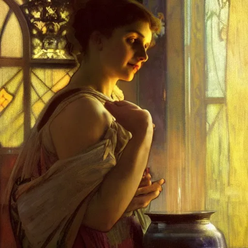 Prompt: girl filling a vase with a magical liquid, the girl is observed by the moiras in a trial. by jeremy mann and alphonse mucha, photo realistic, dynamic lighting, artstation, poster, volumetric lighting, highly detailed faces, 4 k, award winning