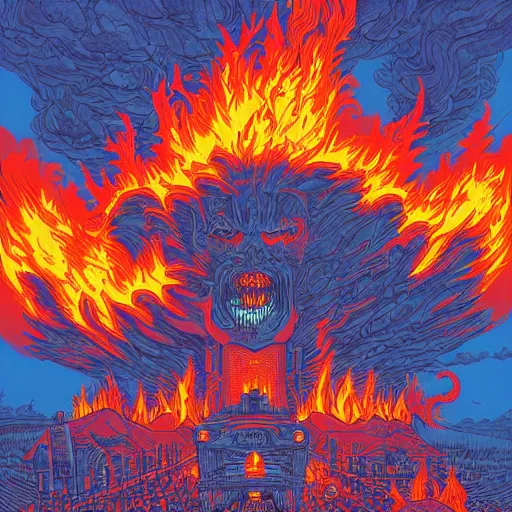 Image similar to A fiery hellscape by Dan Mumford
