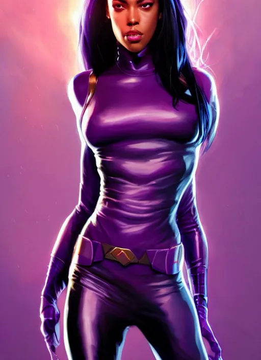 Prompt: full body portrait of marvel cinematic universe aaliyah haughton, x - men, psylocke, x - men apocalypse, elegant, super hero, purple outfit, highly detailed!! digital painting, artstation, glamor pose, concept art, sharp focus, illustration, art by artgerm and greg rutkowski, artey freytag