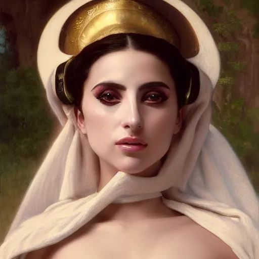 Image similar to Painting of Lady Gaga as Padme Amidala. Art by william adolphe bouguereau. During golden hour. Extremely detailed. Beautiful. 4K. Award winning.