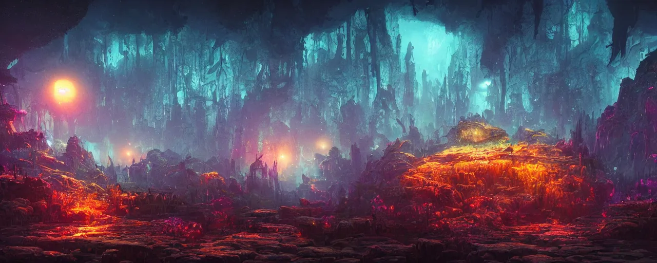 Prompt: ” otherwordly landscape at night, [ bioluminescense, cinematic, detailed, epic, widescreen, opening, establishing, mattepainting, photorealistic, realistic textures, octane render, art by slop and paul lehr ] ”