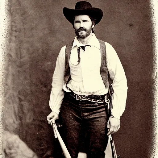 Prompt: will farrell in the old west, 1 8 0 0 s, historical image, crisp, highly detailed, high resolution