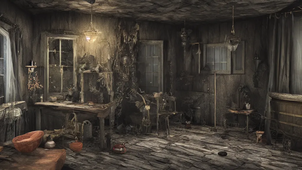 Image similar to A scary witch in the shadows of a dark decrepit cottage, highly detailed interior, hyperrealistic, Lumion 8k UHD