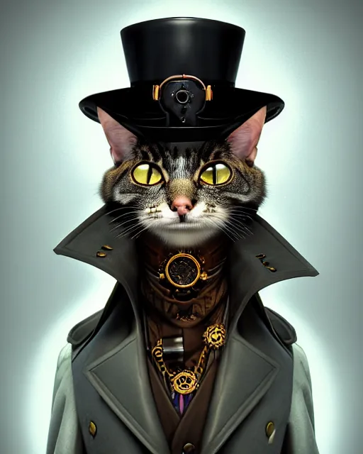 Prompt: steampunk male cat portrait, handsome, steampunk hat, detective coat, steampunk monocle, hyper realistic 3 d render by ilya kuvshinov, peter mohrbacher, greg rutkowski, ryohei hase, dramatic lighting, intricate, highly detailed, sharp focus, luminous, unreal engine, blender, artstation, masterpiece, ray tracing