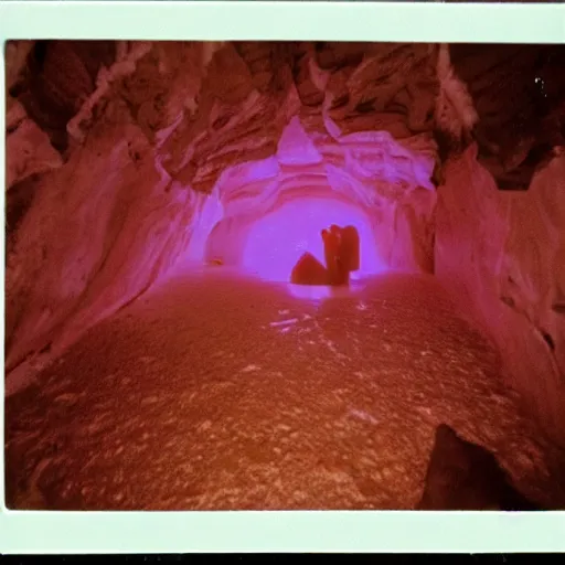 Prompt: instax polaroid film photo of a cave full of barbie VHS tapes, faded glow, expired film analog photography