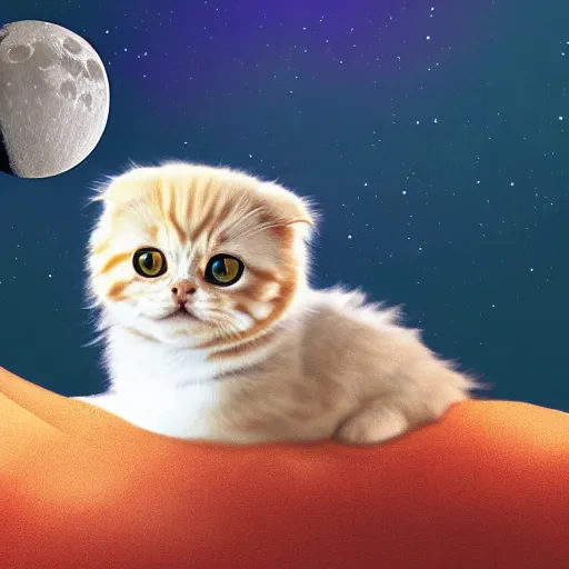 Prompt: cute little golden eyed scottish fold on the moon, realistic