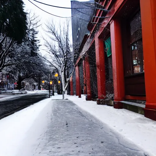 Prompt: a snowy sidewalk in seattle