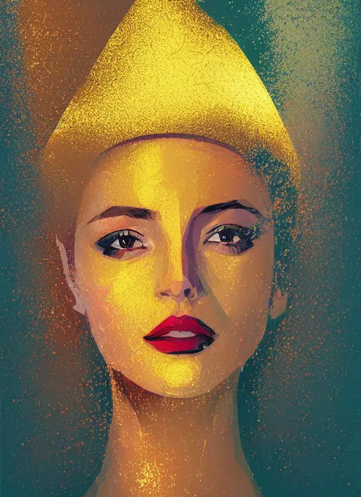 Prompt: a portrait of a beautiful girl in a gold foil hat painted by Petros Afshar