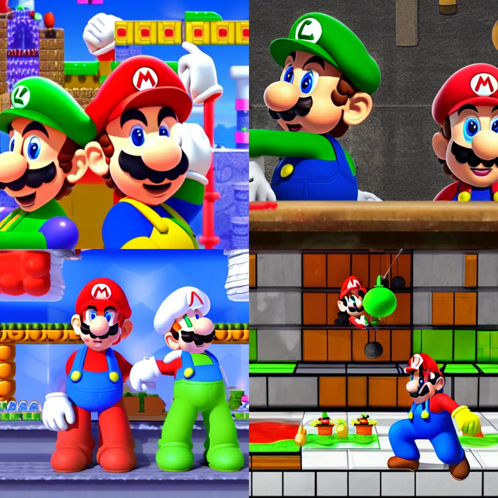 Prompt: Mario and Luigi cooking meth together, game screenshot, rendered 4k
