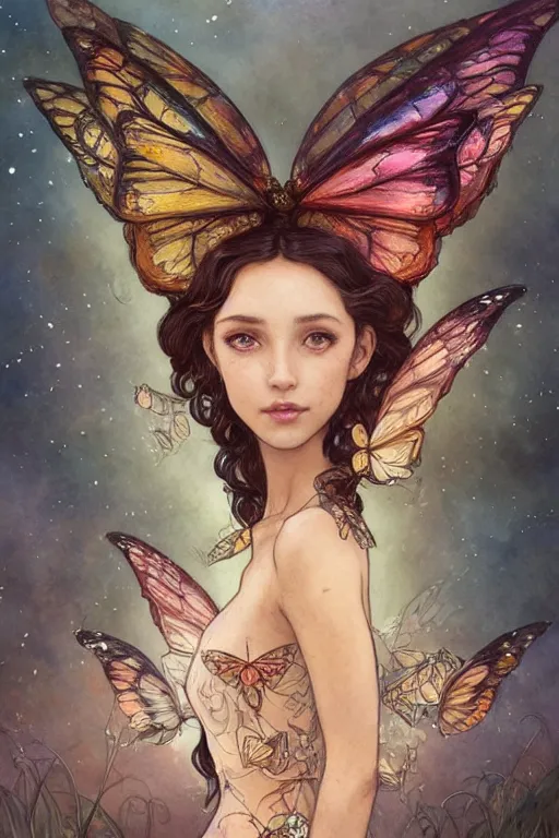 Prompt: portrait of beautiful faerie with butterfly wings, headshot, symmetrical, elegant, regal, intricate, fireflies in a twilight background, highly detailed, digital painting, artstation, concept art, sharp focus, watercolor ink illustration, muted color, complementary colors, art by artgerm, bastien lechouffe deharme, greg rutkowski and alphonse mucha