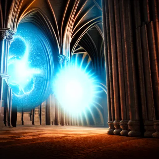 Prompt: wizard standing in front of a wormhole opening up inside a cathedral. fantasy. octane render.