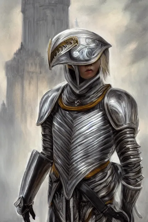 Image similar to a blonde male teenager wearing a silver plate armor, digital painting, digital art, oil painting, masterpiece, realistic and detailed face, profile picture, realistic, highly detailed, high quality, symmetrical, low contrast, trending on deviantart, soft colors, soft lighting, face portrait, beautiful, elegant, castle in the background, bokeh, artgem style