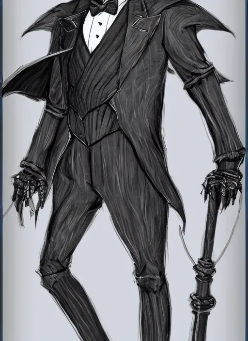 Image similar to DND character art, skeletal male figure, wearing a deep black suit!!! and tie and top hat, holding a gold! cane!. blue!!! flames!!