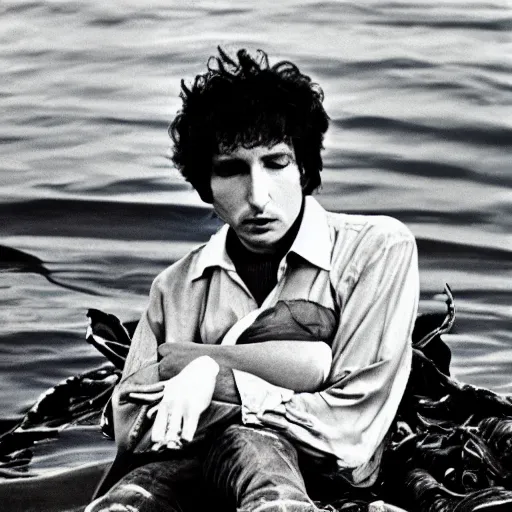 Image similar to bob dylan cradling kelp like a baby, photograph, 1 9 6 5