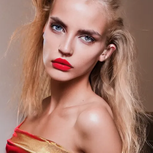 Prompt: photograph of an olive skinned blonde female model in her twenties, her hair pinned up, wearing a designer top, looking content, focused on her neck, photo realistic, luscious red lips, extreme detail skin, natural beauty, no filter, slr, golden hour, 8 k, high definition, selfie