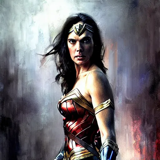 Image similar to wonder woman, realistic, ultrahd, jeremy mann painting